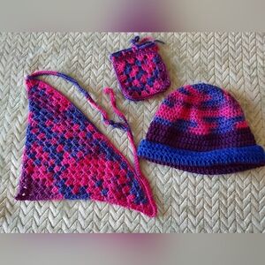 FIRST OFFER ACCEPTED! Bisexual Pride Crochet Hat, Bandana, and Pouch Set